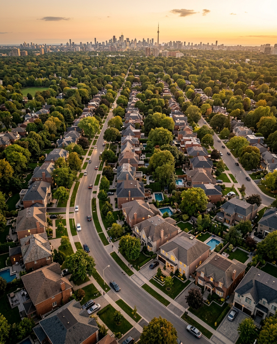 Aerial view of an upscale neighborhood at golden hour