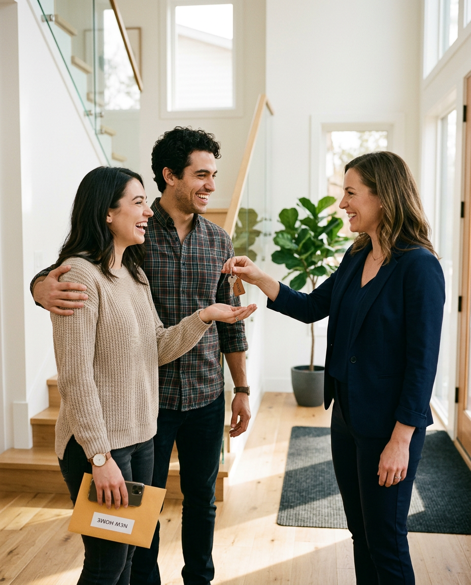 Young couple receiving keys to their first home