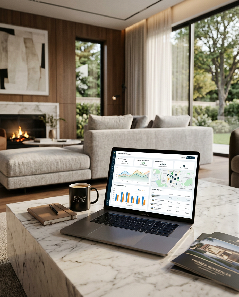 Laptop showing property market analytics on a marble table